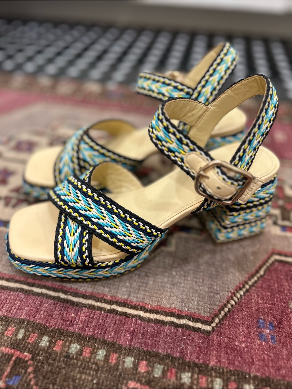 Woven Marc Fisher Multicolor Braided Strap Block Heel Sandals - Women